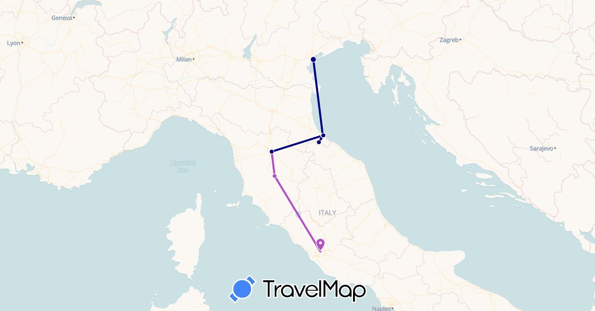 TravelMap itinerary: driving, train in Italy, San Marino (Europe)